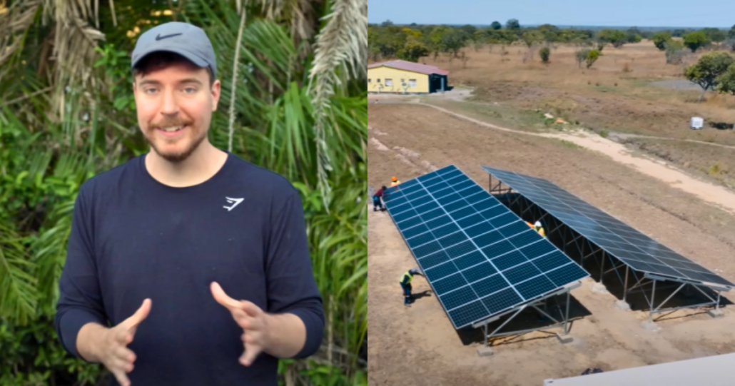 youtuber MrBeast, à esquerda, e as placas fotovoltaicas instaladas no vilarejo, à direita
