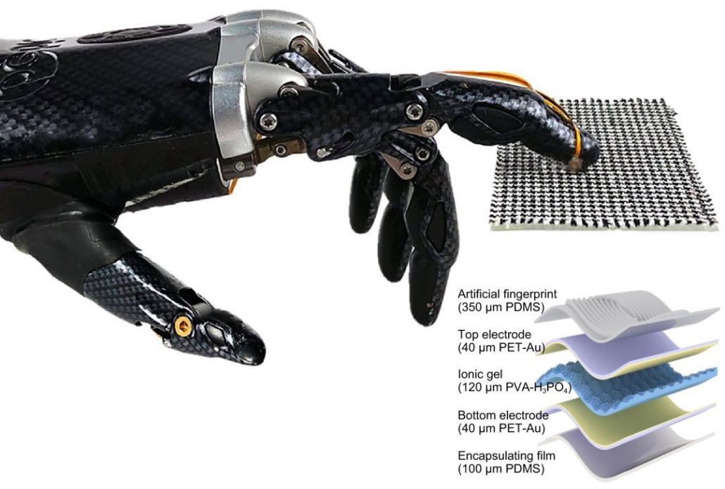 Estrutura do sensor e a mão robótica usada para testá-lo.