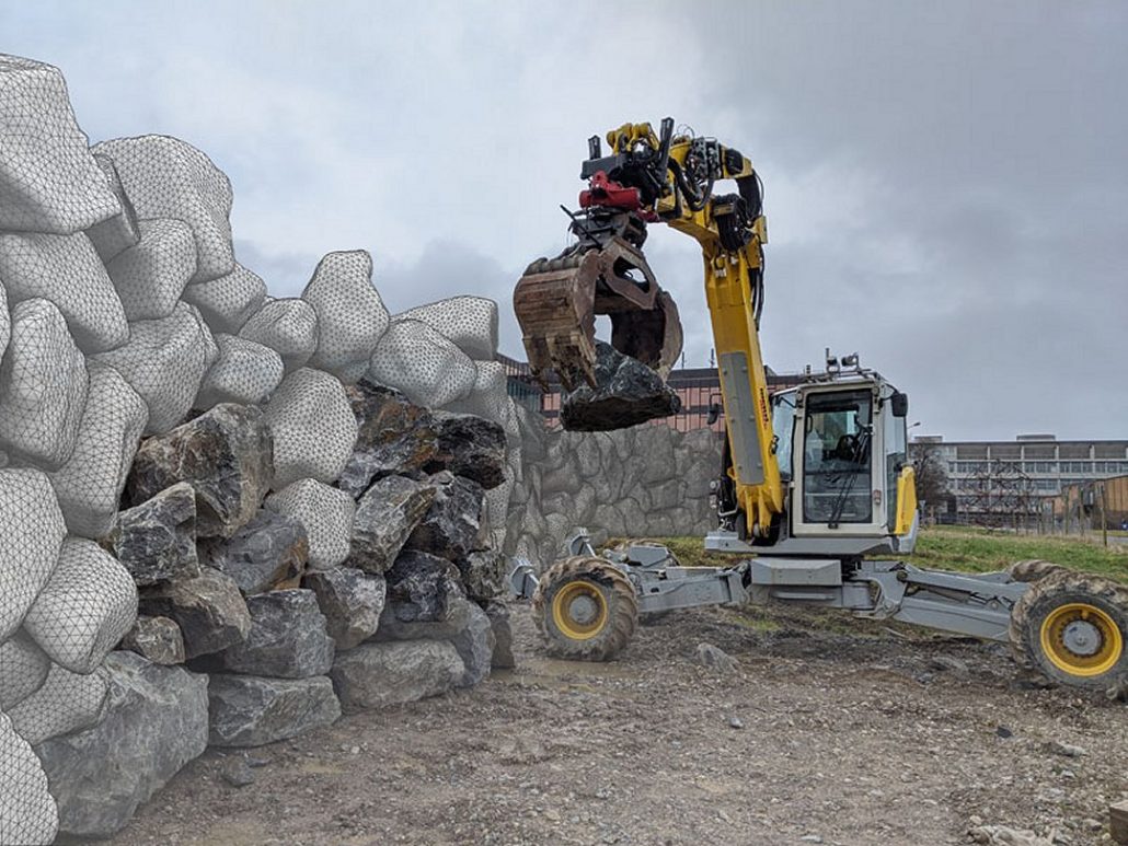 Trator autônomo constrói muro de pedra sozinho, sem tratorista
